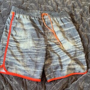 Sundek grey denim Patterned Swim Trunks with Orange Trim. Size L